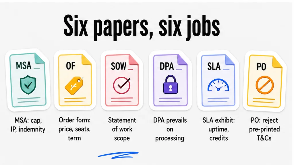 Six-row rank table: MSA, order form, SOW, DPA, SLA, and PO