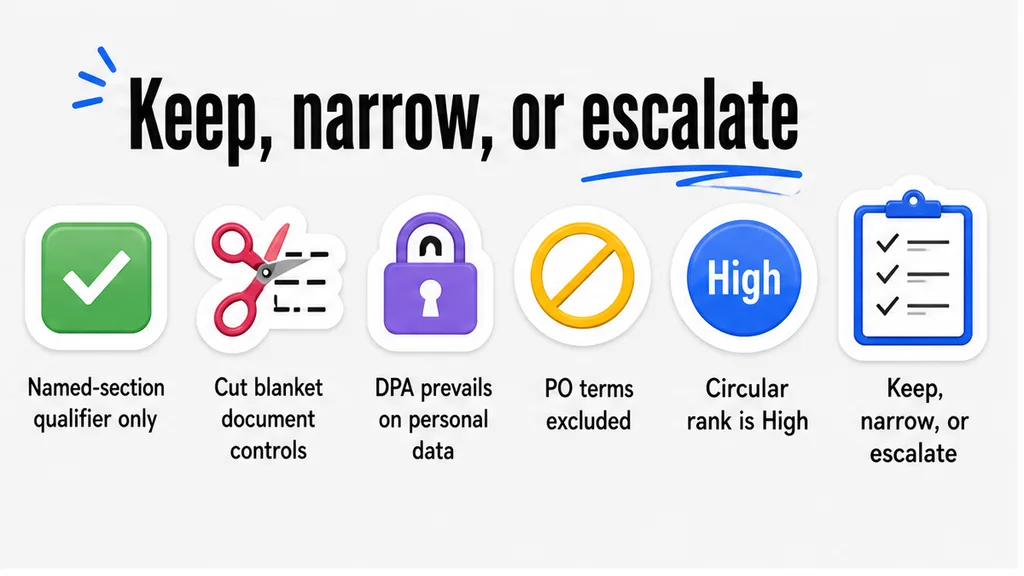Keep, narrow, or escalate board for rank clause, order form, DPA, and PO