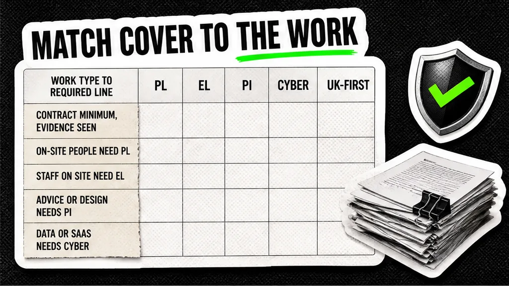 Insurance log: work type, required line, contract minimum, evidence seen