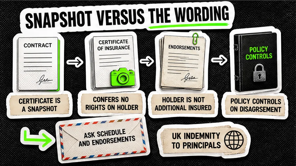 Review order: contract, certificate, endorsements; Ltd name and dates must match