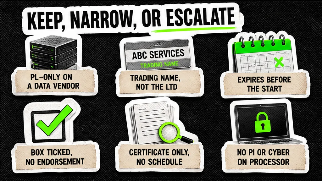 Keep, narrow, or escalate flags: ticked box, trading name, missing PI or cyber