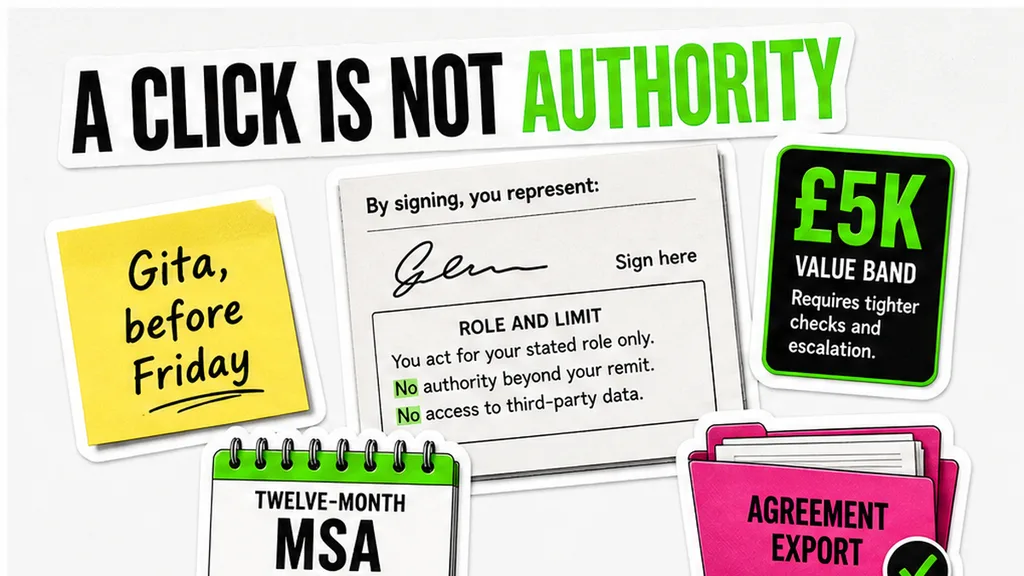 Signature block next to a role and spend-limit card, no face