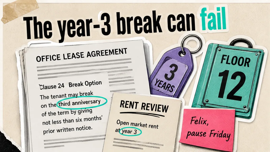 Office lease first page with rent review and break date circled, no face