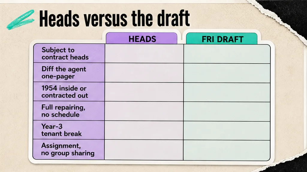 Heads of terms versus lease draft columns for 1954 status, FRI, break, and alienation