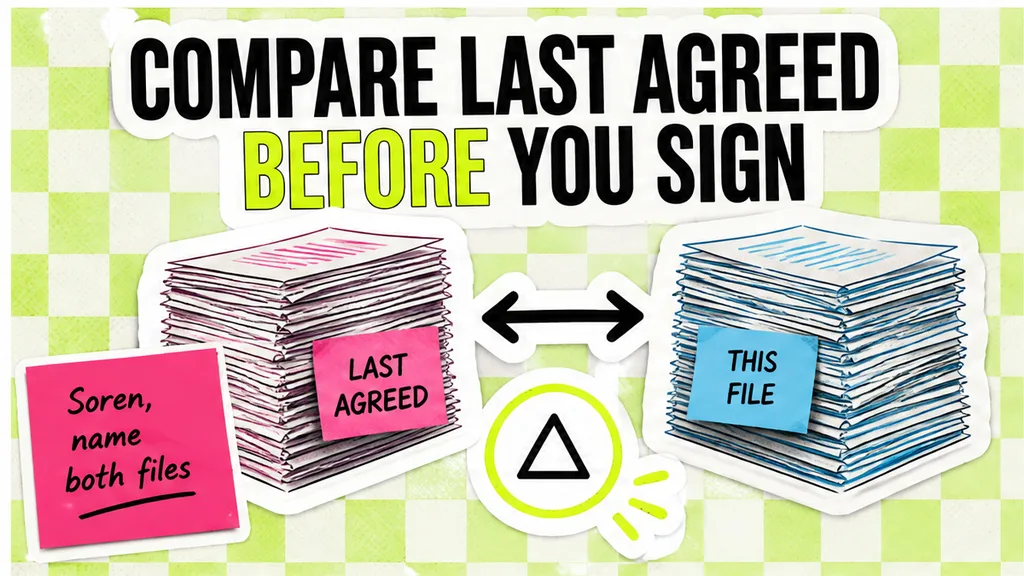 Two document stacks with a compare arrow and one circled delta, no face