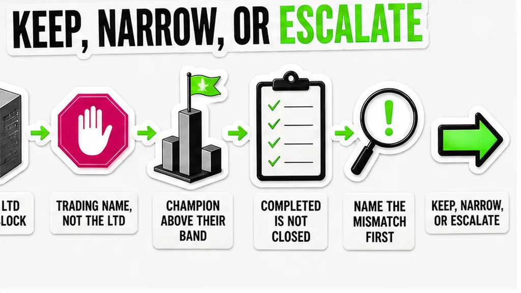 Keep, narrow, or escalate flags on an authority log, no face