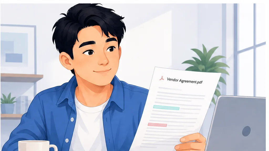 Illustrated founder reading an inbound vendor PDF with one amber flag