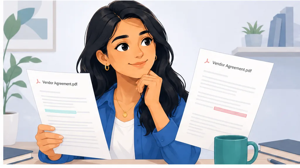 Second illustrated person comparing two pages of vendor paper