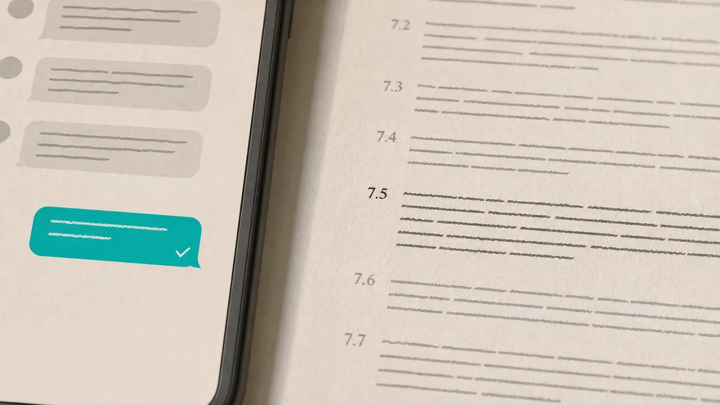 Chat bubbles that stop short of a PDF page with a missing-clause gap