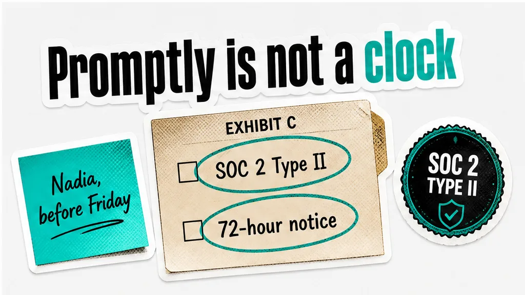Security exhibit with SOC 2 Type II and 72-hour notice circled, no face