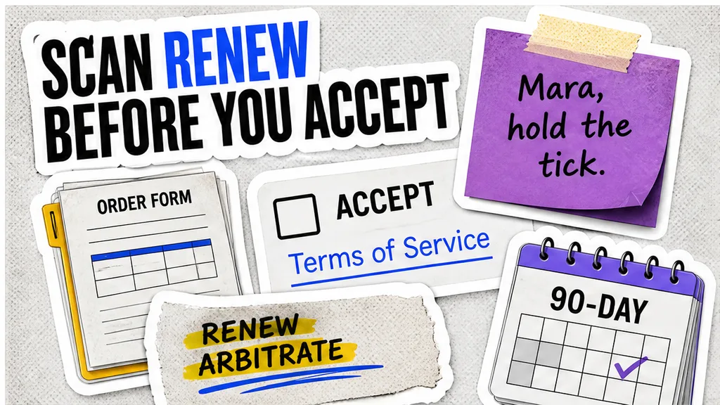 Unticked Accept checkbox beside a terms page with renew and arbitrate highlighted, no face