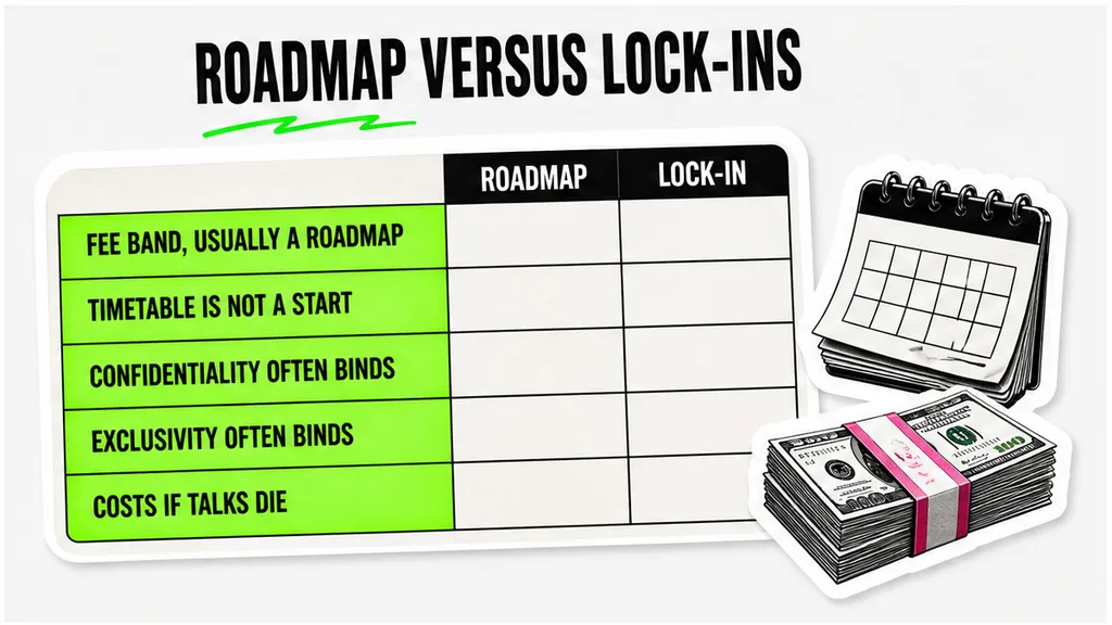 Roadmap versus lock-in table for fee, scope, confidentiality, exclusivity, and costs