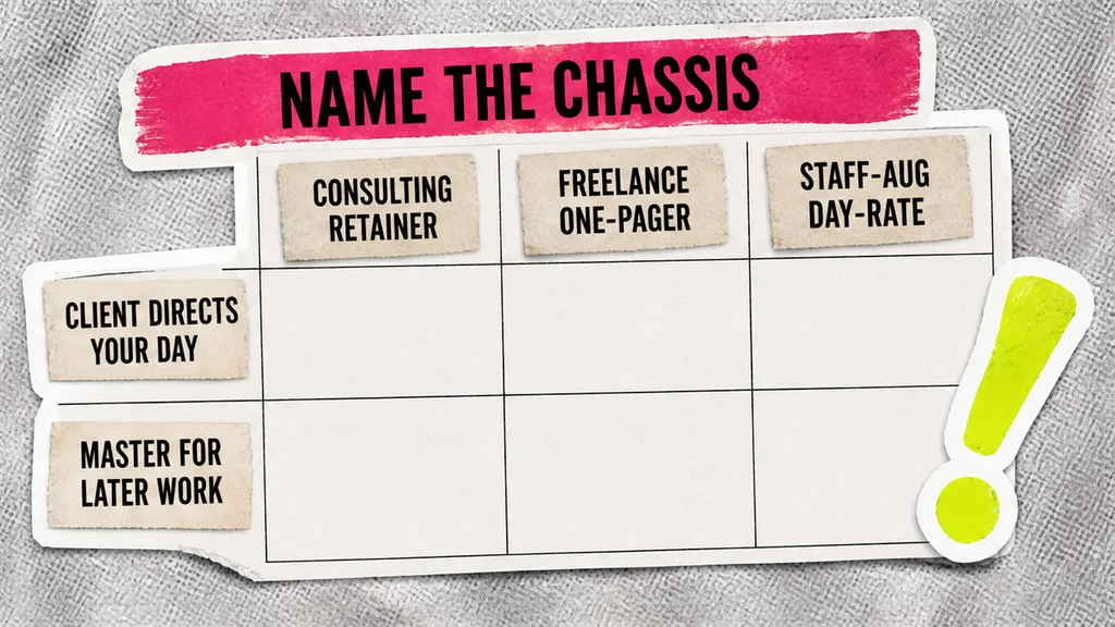 Chassis cards: consulting retainer, freelance one-pager, staff-aug day-rate