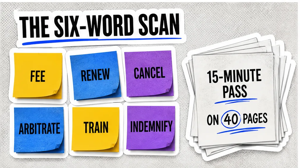 Six-word ToS scan: fee, renew, cancel, arbitrate, train, indemnify