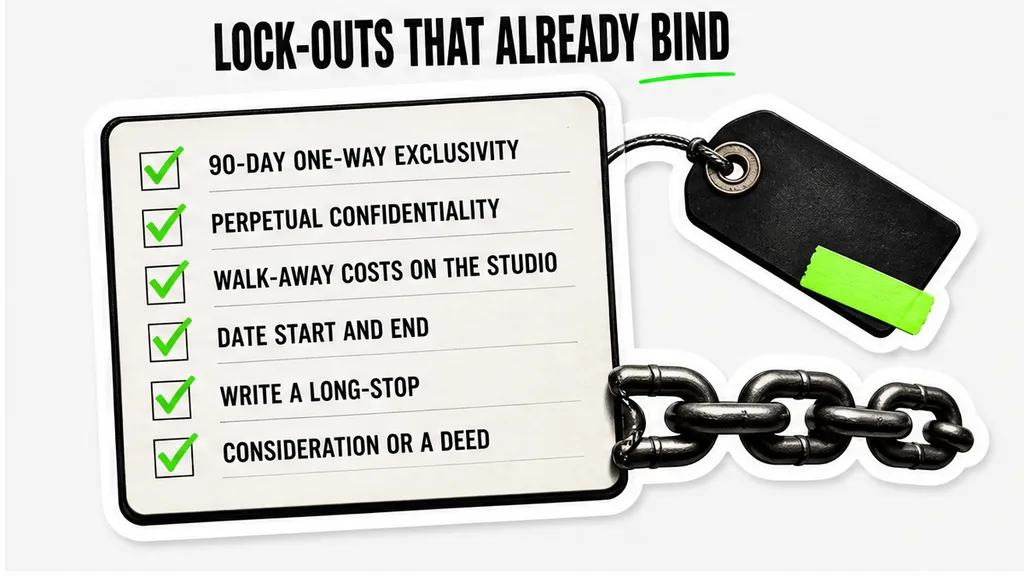 Checklist of 90-day exclusivity, perpetual confidentiality, and walk-away costs that already bind
