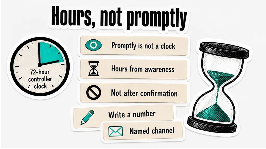 72-hour controller clock versus promptly after confirmation, hours from awareness