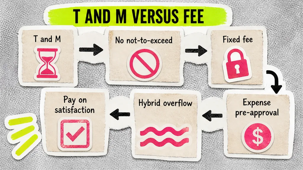 Fee-lock flow: T and M, fixed fee, hybrid overflow, expense pre-approval