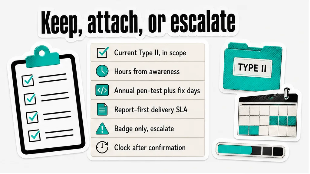 Keep, attach, or escalate board for Type II, hours, pen-test, and report-first rights