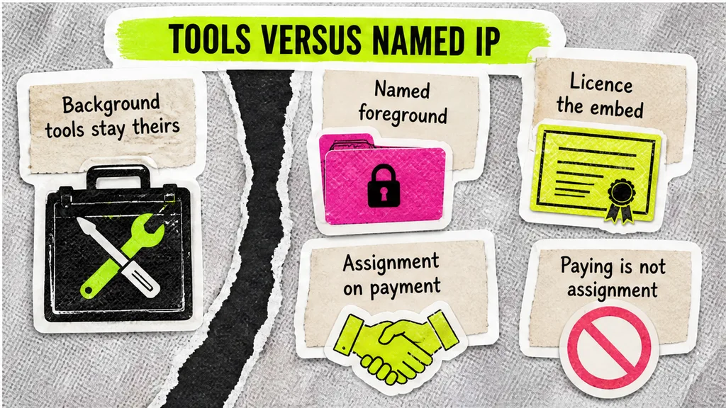 IP split card: background tools stay theirs, named foreground, assignment on payment