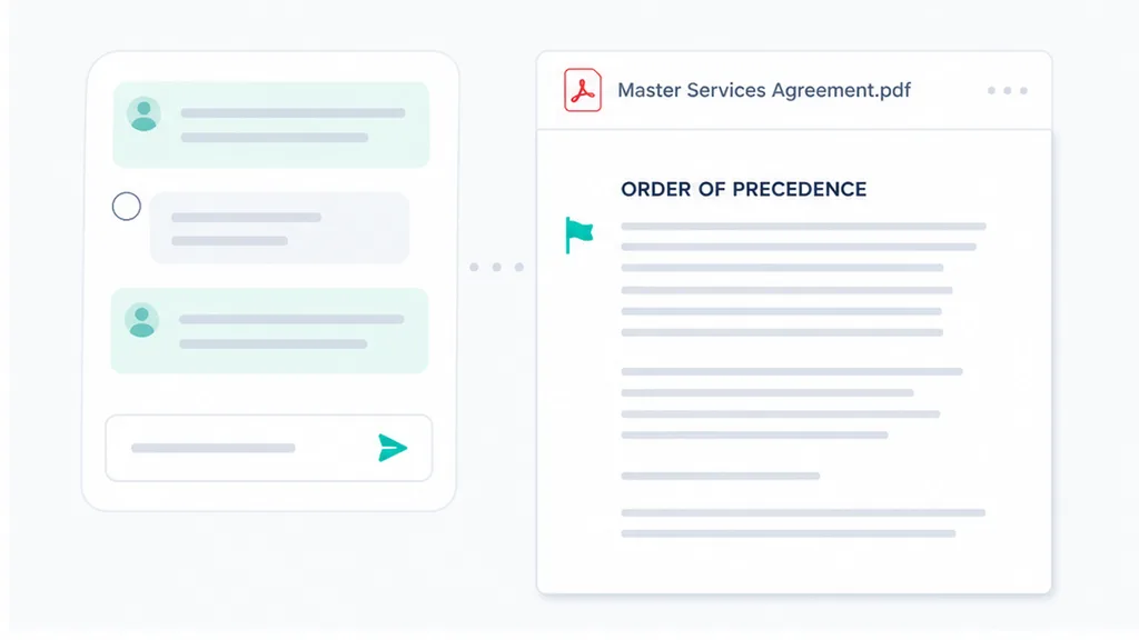 Chat thread card beside a marked original master agreement page with a flag on the precedence clause