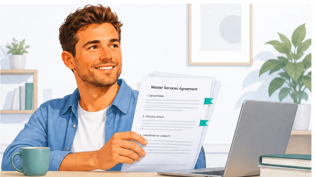 Marked England and Wales commercial contract page with flags on liability and payment clauses beside a closed tenancy folder