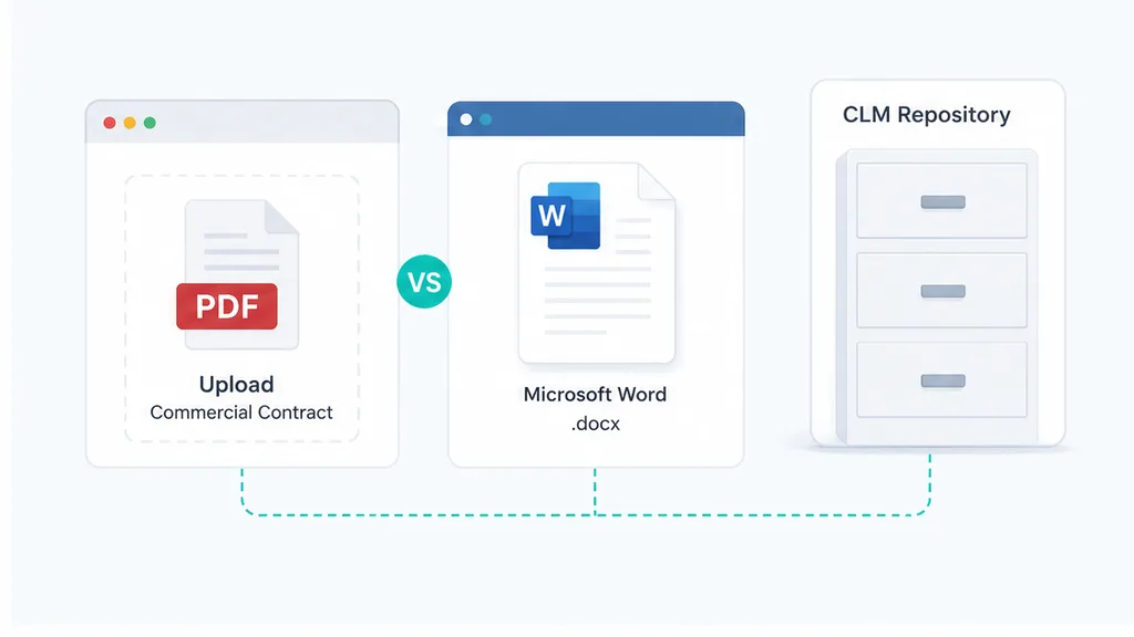 Browser upload of a commercial PDF beside a closed Microsoft Word window and an empty CLM repository drawer