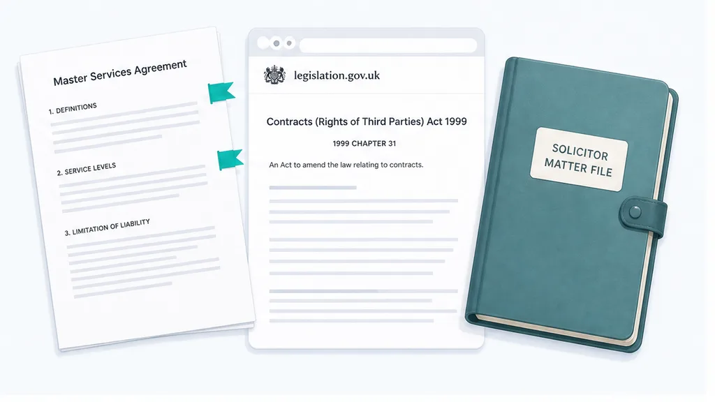 Marked commercial contract pack on a desk next to a closed solicitor matter folder and a statute printout