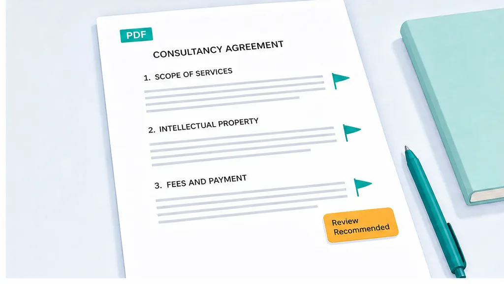 Consultancy draft with a statute pointer marked on an IP assignment clause next to a blank change-order line