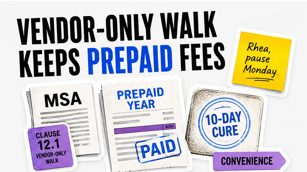 Unsigned 34-page vendor MSA with a prepaid-year receipt and a 10-day cure stamp, no face