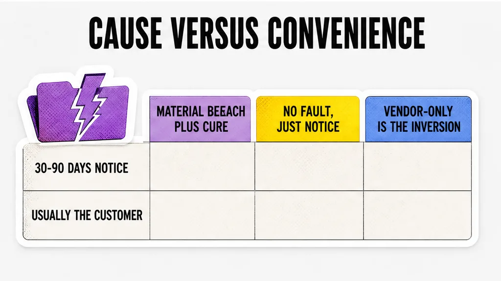 Comparison table of for-cause, convenience, and insolvency exit triggers