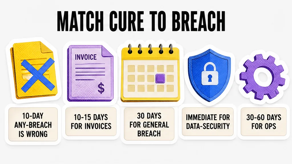 Cure-window card: 10-day any-breach is wrong versus 10-15, 30, and 30-60 day clocks