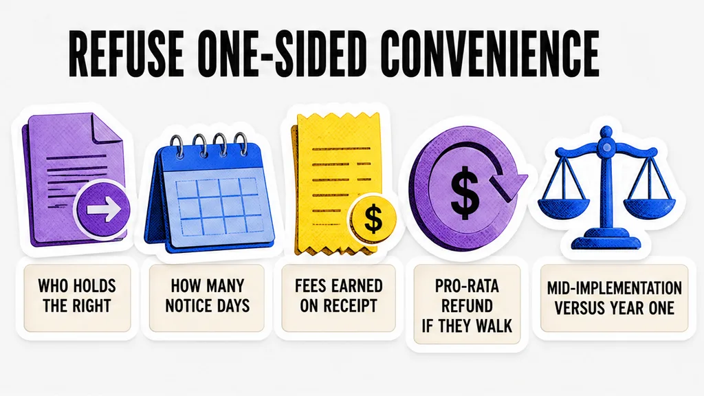 Checklist: who holds convenience, notice days, earned-on-receipt fees, and pro-rata refund