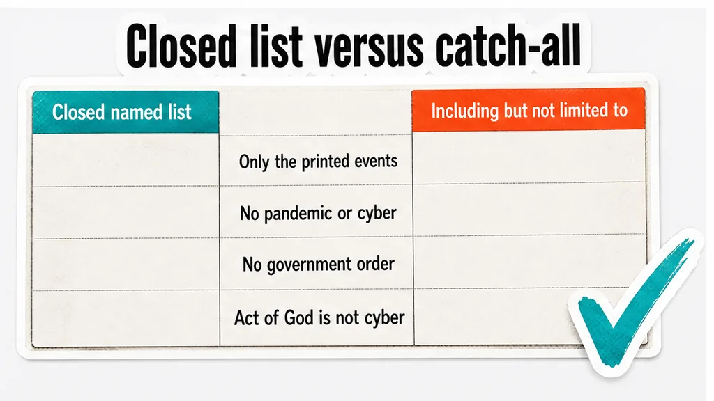 Comparison of a closed force majeure list versus a catch-all, with cyber missing