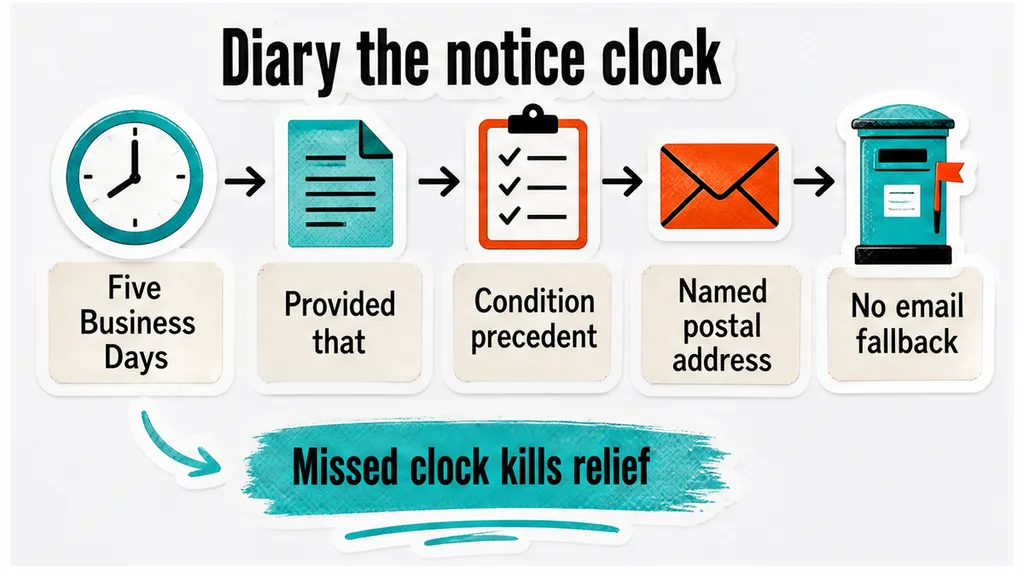 Notice-clock workflow: five Business Days, provided that, postal address, no email fallback