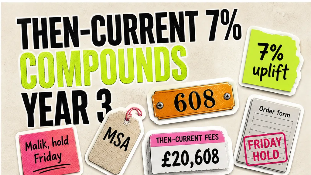 SaaS order form with 7% then-current circled and year-3 compound £20,608, no face