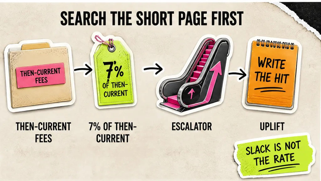 Order-form search workflow: then-current, 7% uplift, escalator; write the hit