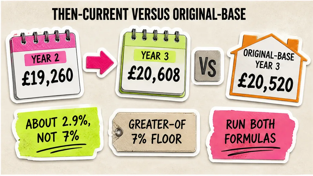 Year-2 and year-3 pounds for a 7% then-current uplift versus original-base