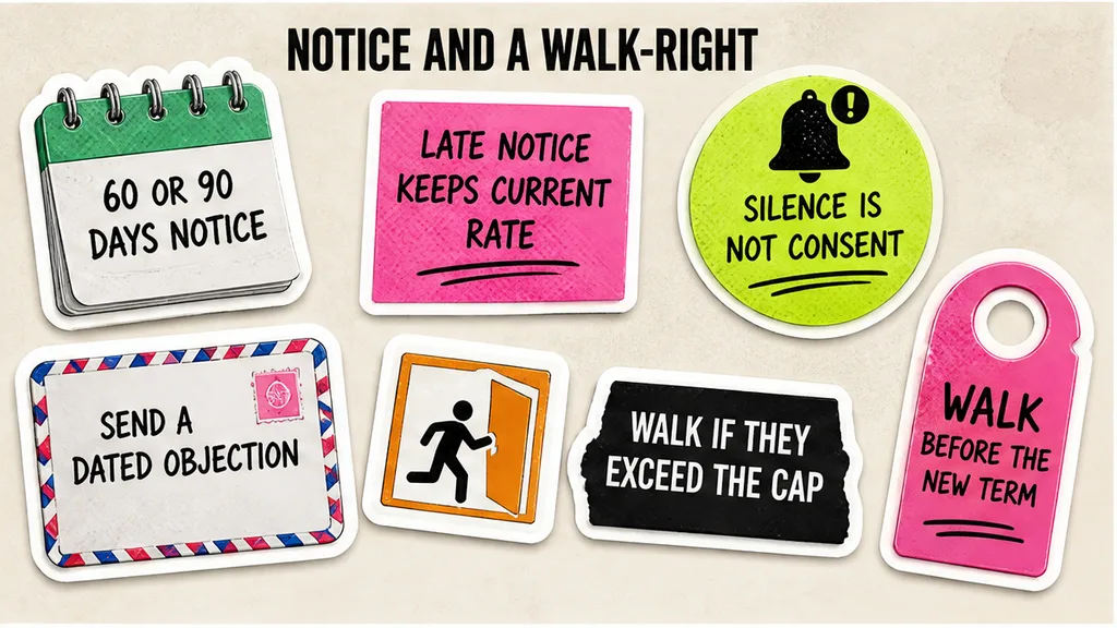 Notice days, objection window, and walk-right if the invoice exceeds the cap