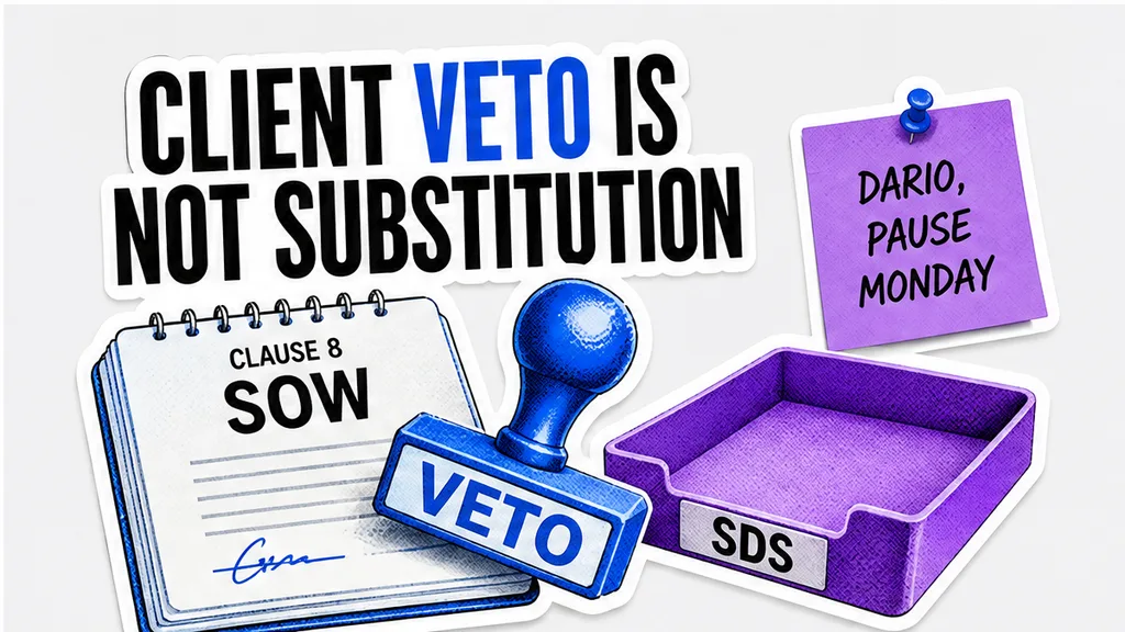 Clause 8 SOW with a client-veto stamp and an empty SDS slot, no face