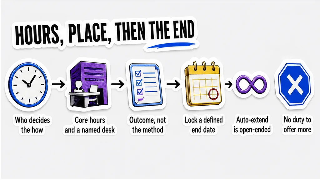 Control then mutuality: who owns the how, core hours, named desk, dated end