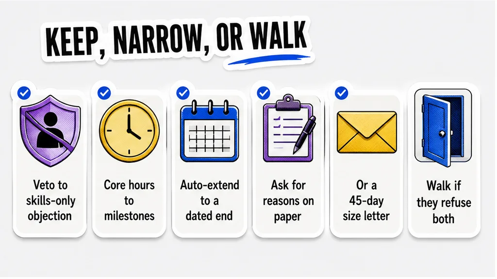 Keep, narrow, or walk board: skills-only objection, dated end, SDS or 45-day size letter