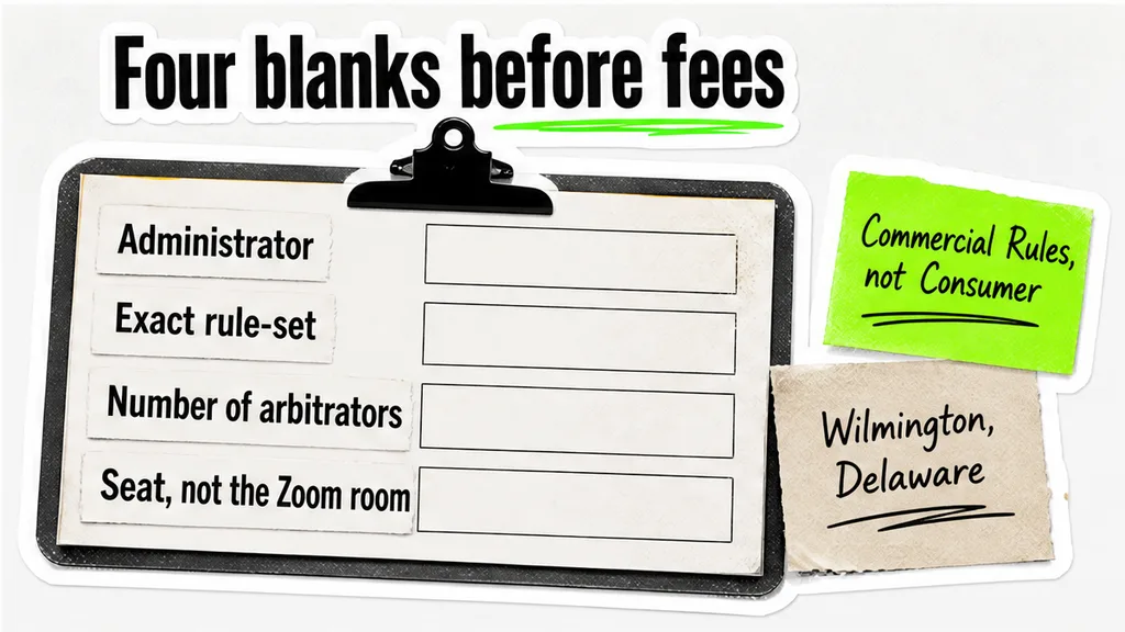 Dispute clause with seat Wilmington and Commercial Rules circled, no face