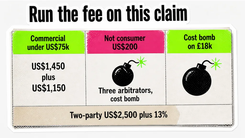 Commercial fee bands circled against a £18k unused-seat claim, no face