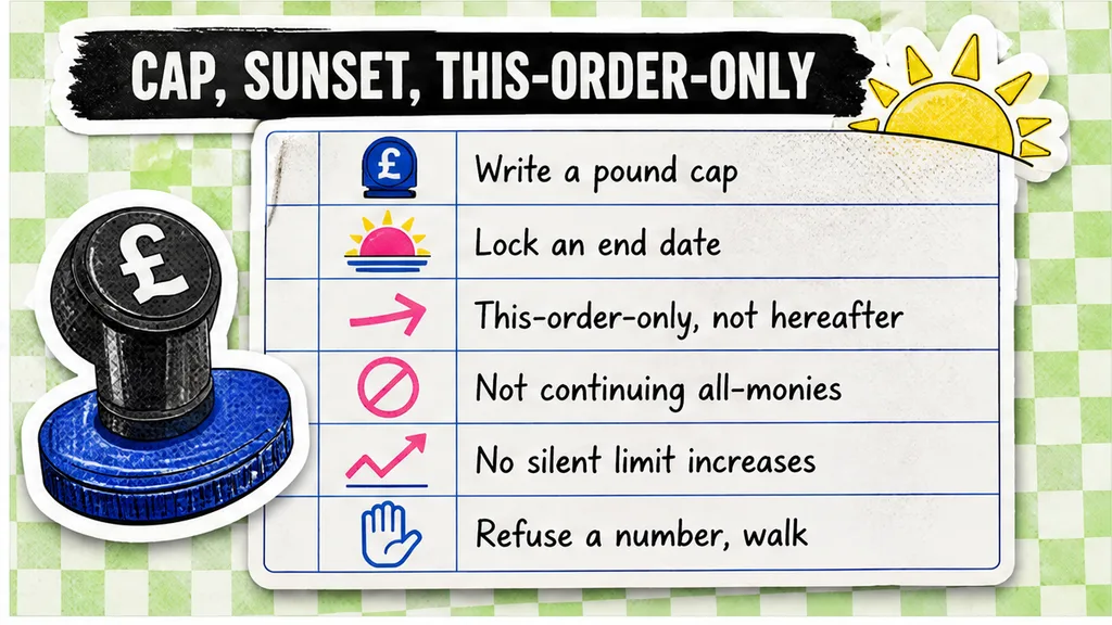Pound cap, sunset, and this-order-only versus continuing all-monies and limit increases