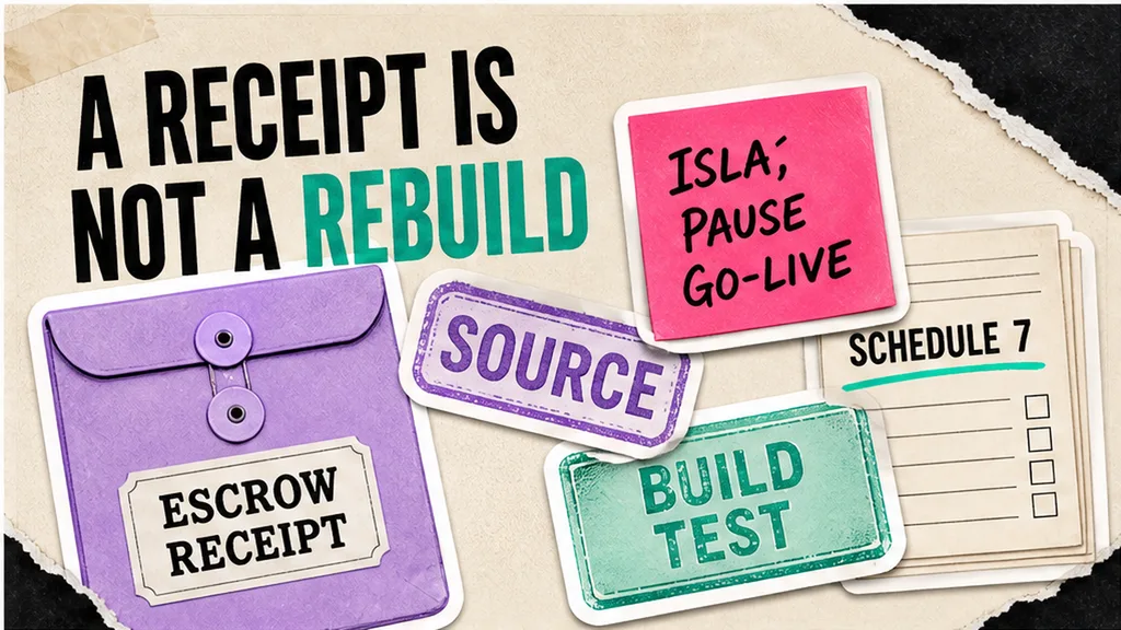 Escrow envelope with a source stamp and a build-test stamp, Schedule 7 beside a release-trigger list, no face
