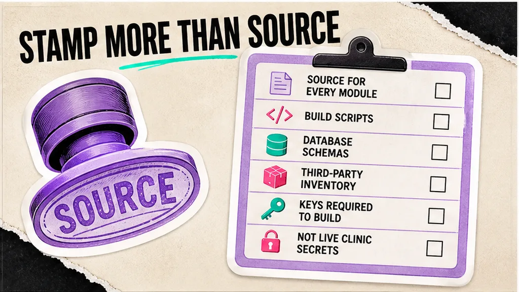 Escrow envelope stamped source plus build-test, deposit list beside it, no face