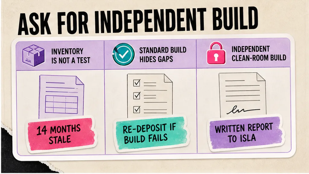 Clean-room build checklist versus a vault inventory receipt, no face