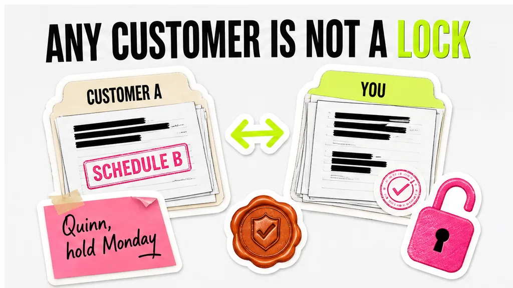 Two price columns labelled Customer A and You beside Schedule B, parity arrow, no face