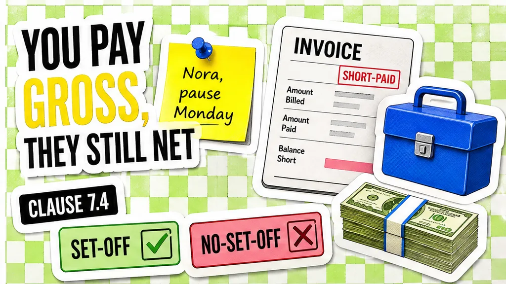 Payment clause with set-off and no-set-off boxed, one invoice short-paid, no face