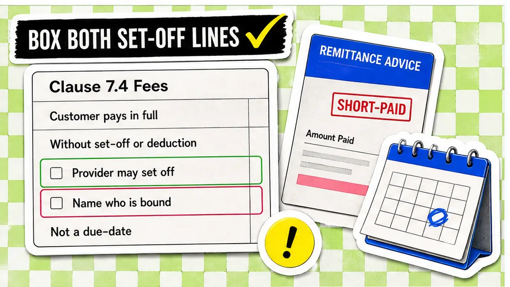 Payment clause with set-off and no-set-off boxed, one invoice short-paid, no face